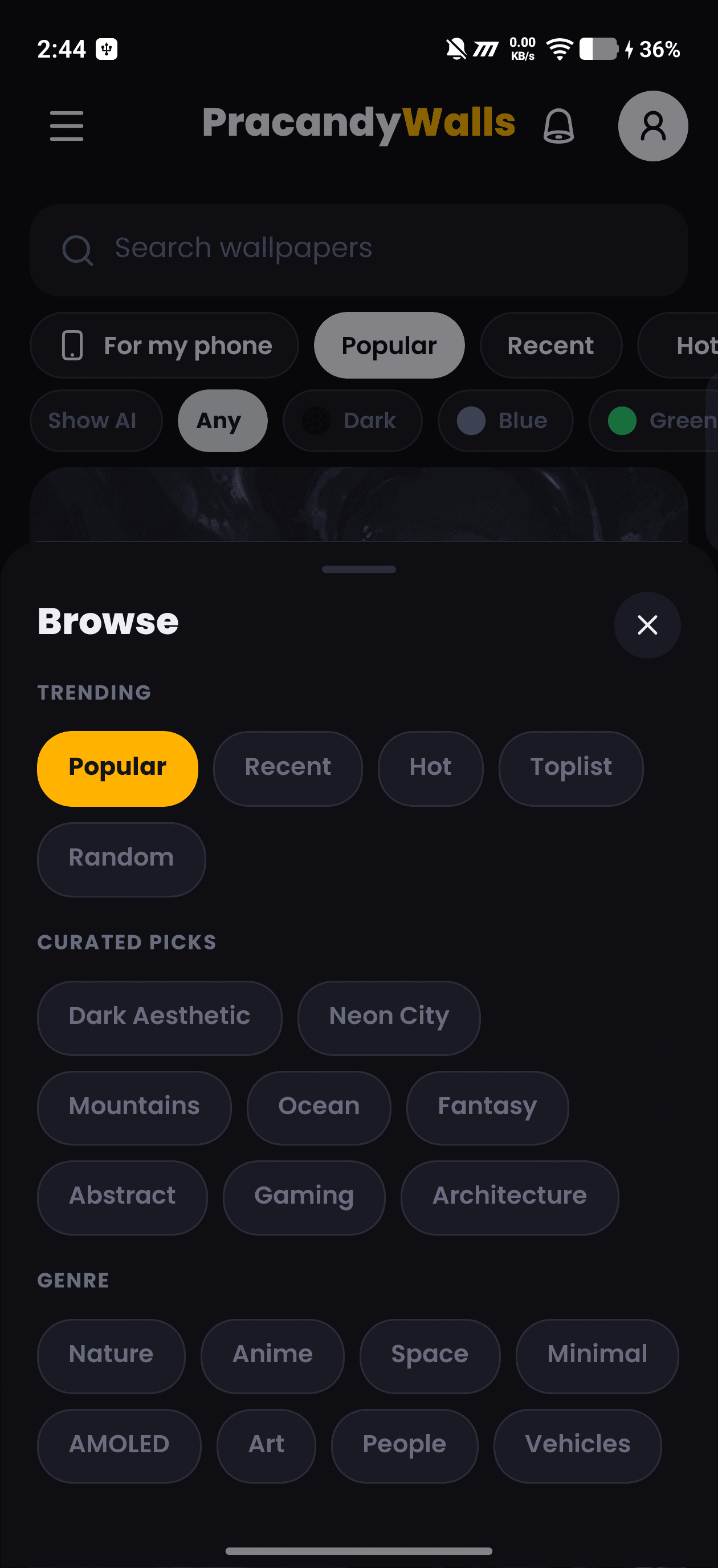 PracandyWalls Browse panel showing trending, curated and genre categories