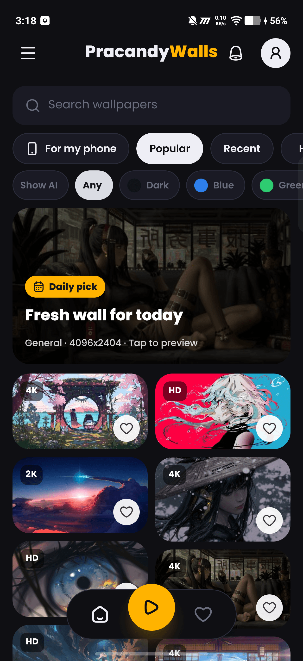 PracandyWalls home screen with search, wallpaper filters, Daily Pick and quality badges